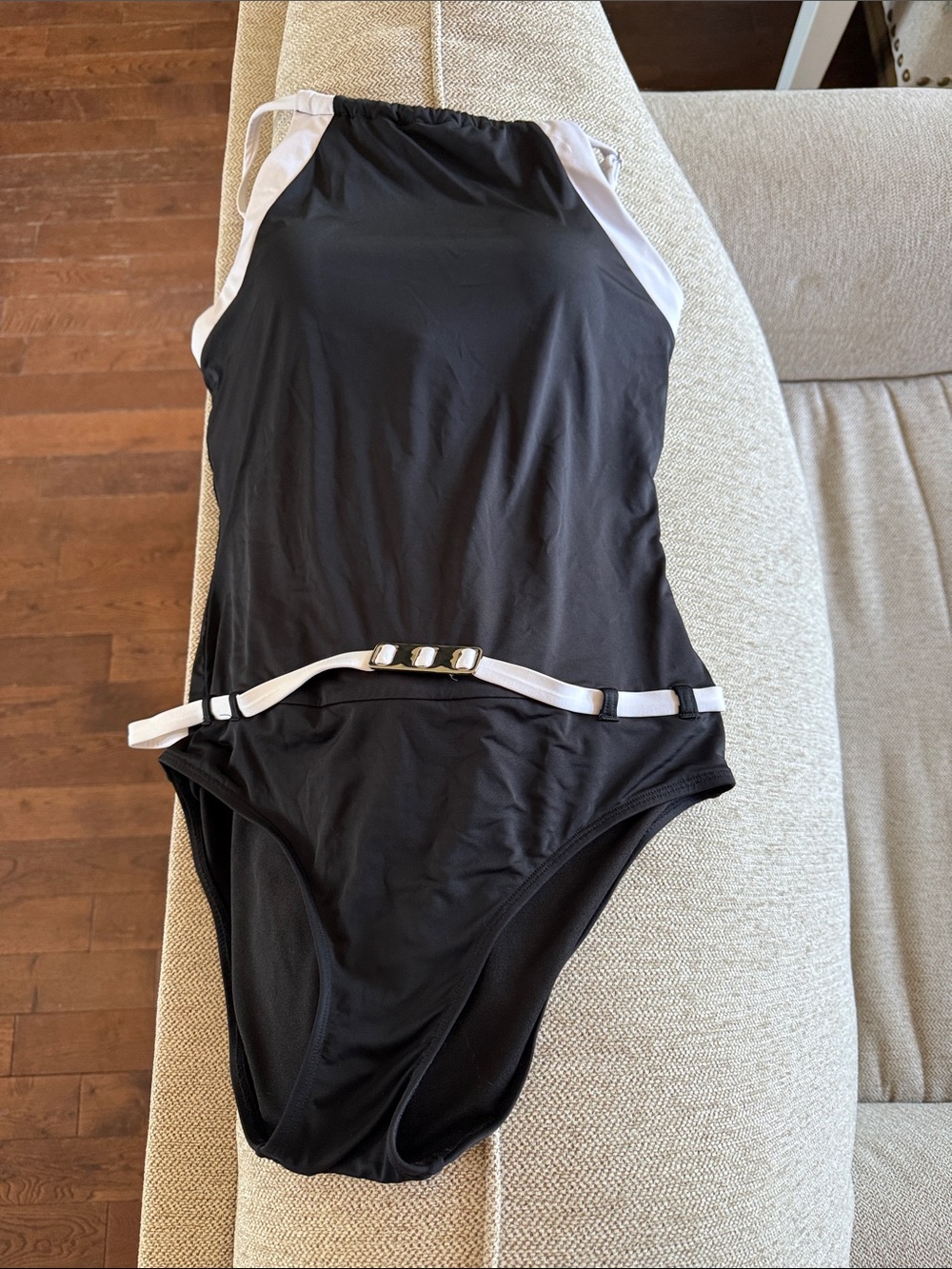 Aqua Black One-Piece Swimsuit with White Trim